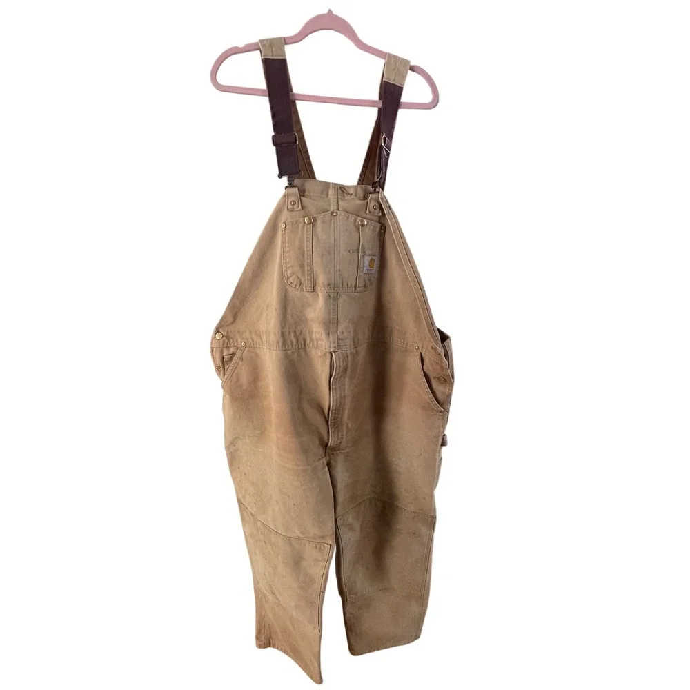Vintage Carhartt‎ Men's Tan Canvas Bib Overalls Workwear Size 52 x28 dstressed